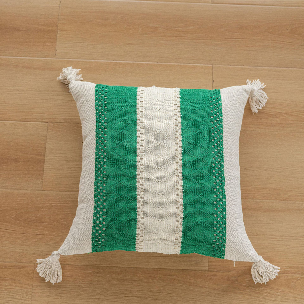 Square Accent Pillow Handloom Cotton Embroidered Tassels