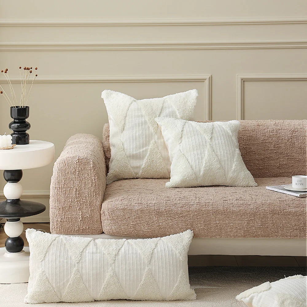 Square Accent Pillow Tufted Triangle & Bouclé Removable Cover