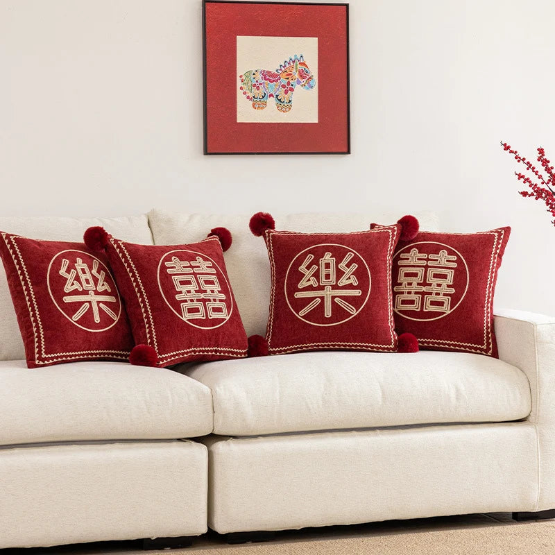 Square Accent Pillow Velvet Embroidered Pom-Pom Trim Removable Cover