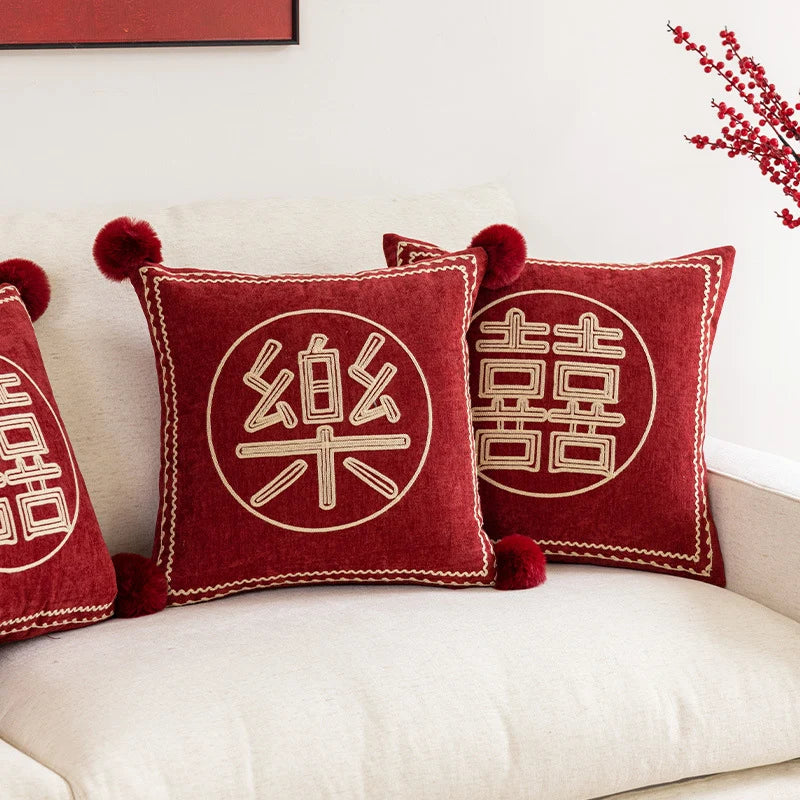 Square Accent Pillow Velvet Embroidered Pom-Pom Trim Removable Cover