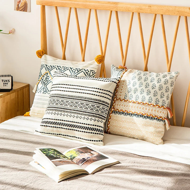 Square Cushion Cover Block Print Braided Tassels