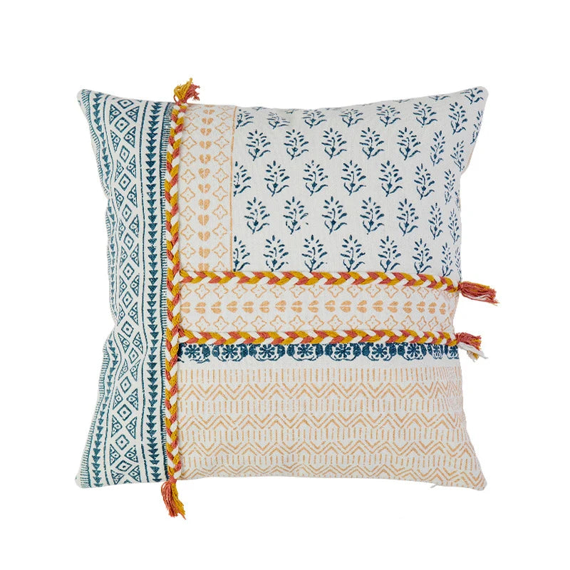 Square Cushion Cover Block Print Braided Tassels