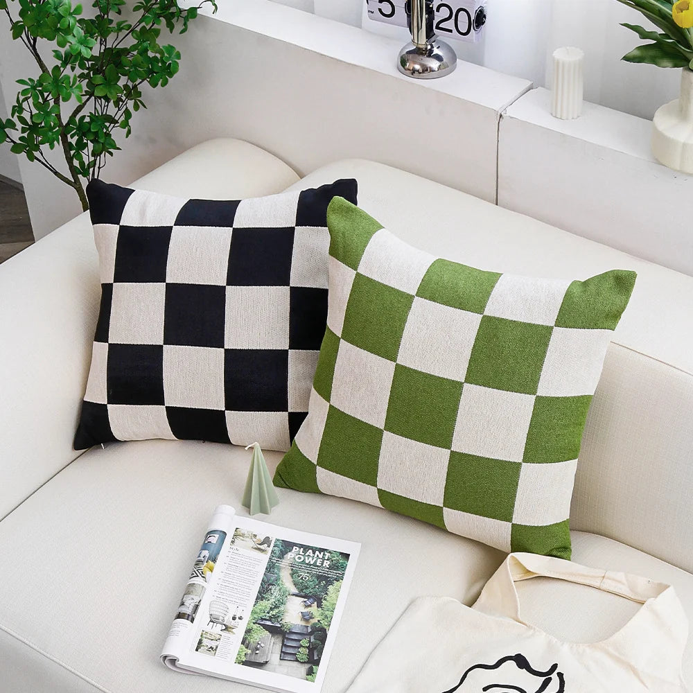Square Cushion Cover Checkered Chenille Concealed Zipper
