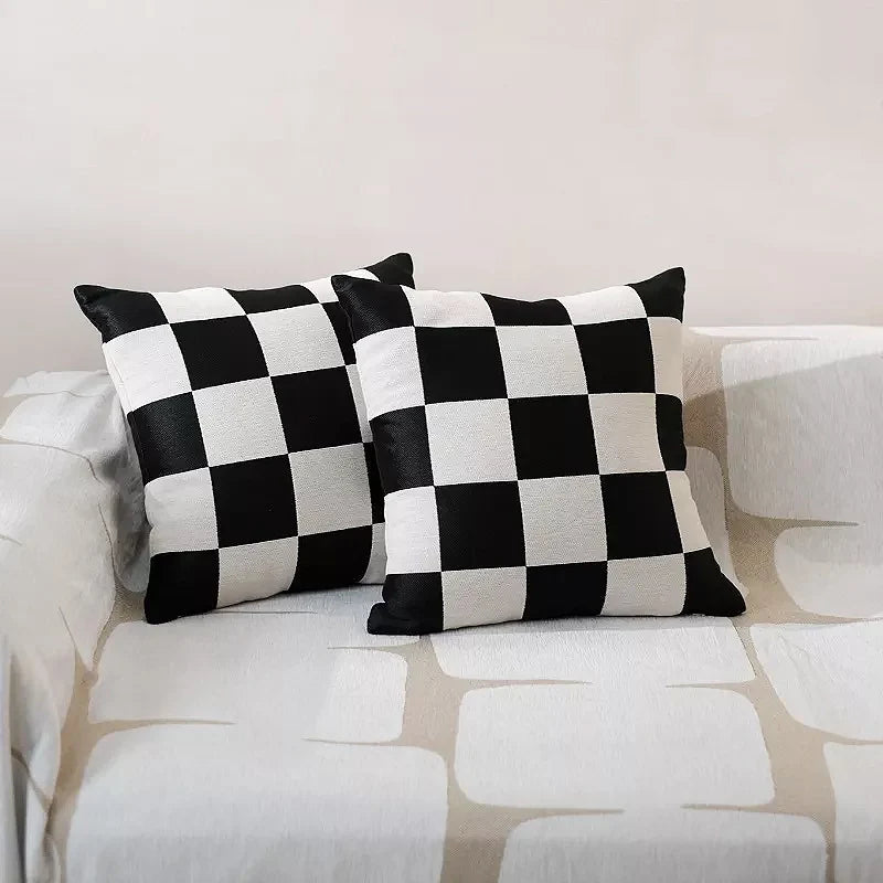 Square Cushion Cover Checkered Chenille Concealed Zipper