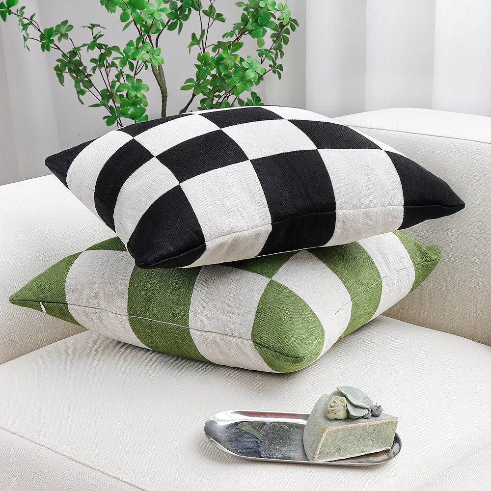 Square Cushion Cover Checkered Chenille Concealed Zipper