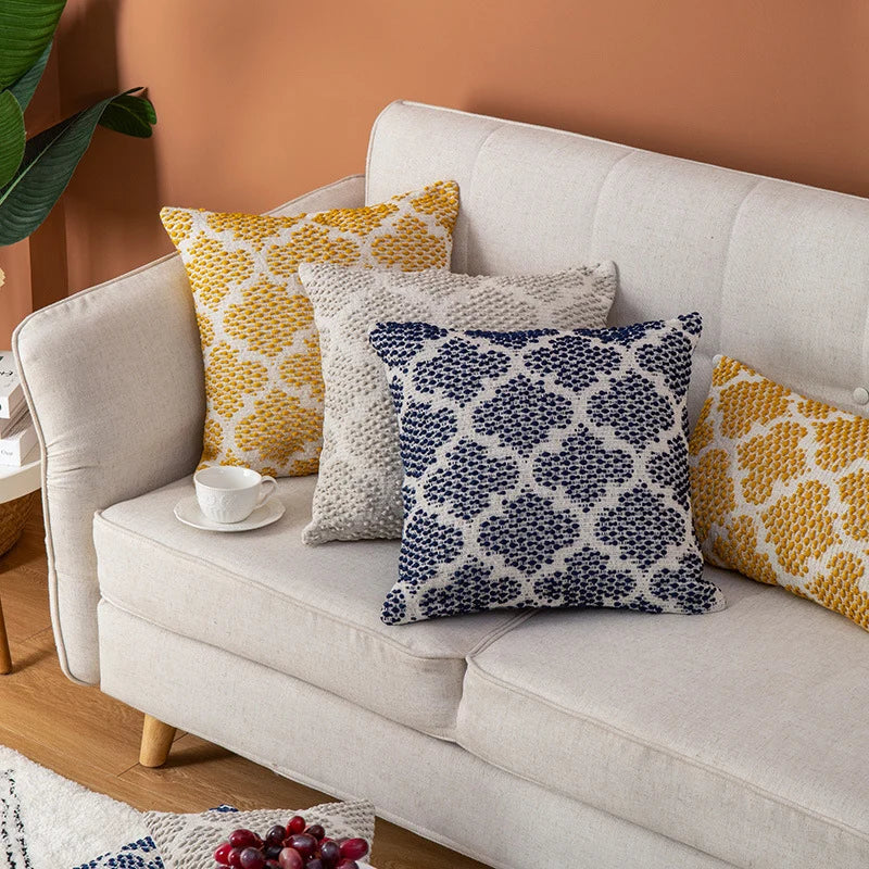 Square Cushion Cover Cotton-Linen Tufted Stripes & Bouclé Accents