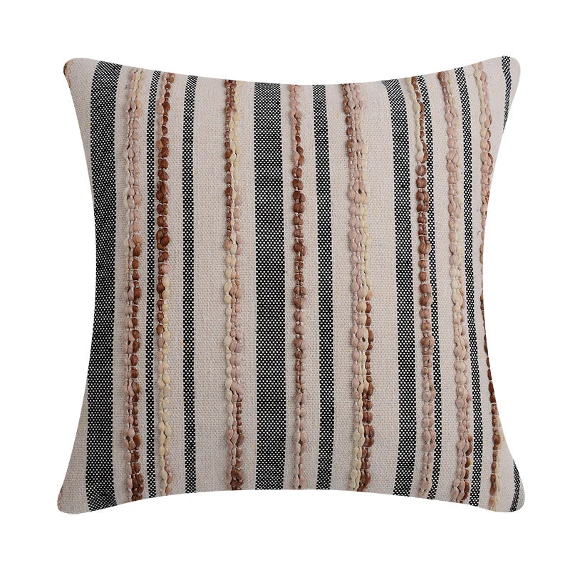 Square Cushion Cover Cotton-Linen Tufted Stripes & Bouclé Accents