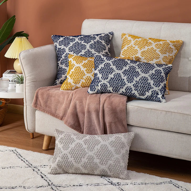 Square Cushion Cover Cotton-Linen Tufted Stripes & Bouclé Accents