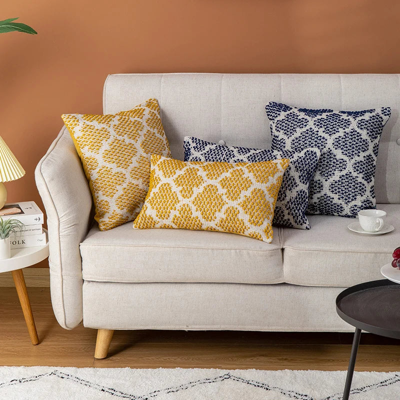 Square Cushion Cover Cotton-Linen Tufted Stripes & Bouclé Accents