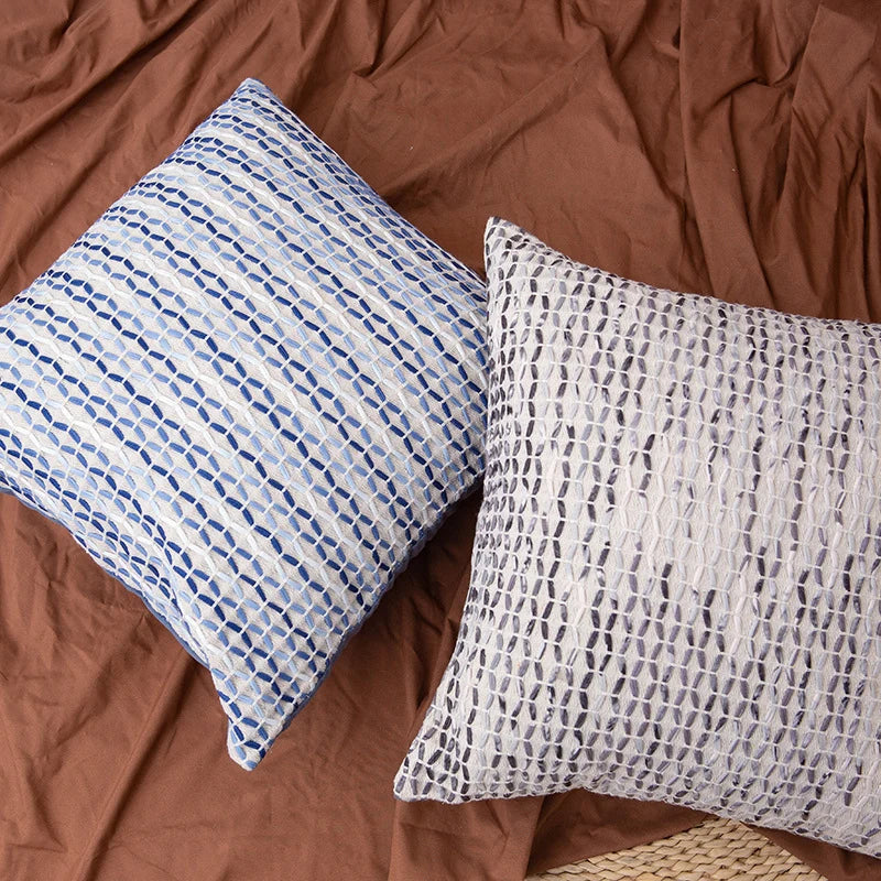 Square Cushion Cover Cotton-Linen Tufted Stripes & Bouclé Accents