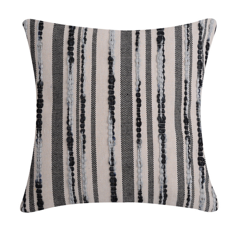 Square Cushion Cover Cotton-Linen Tufted Stripes & Bouclé Accents