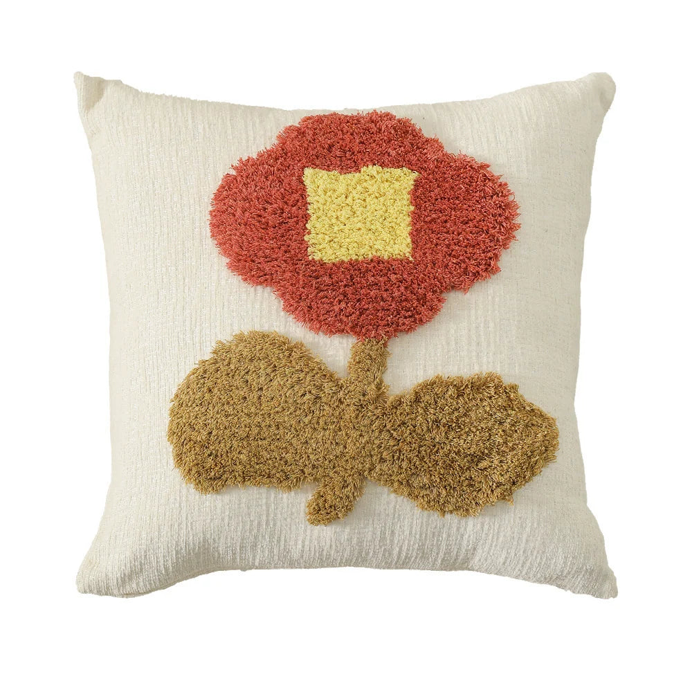 Square Cushion Cover Hand-Tufted Floral Chenille Hidden Zip