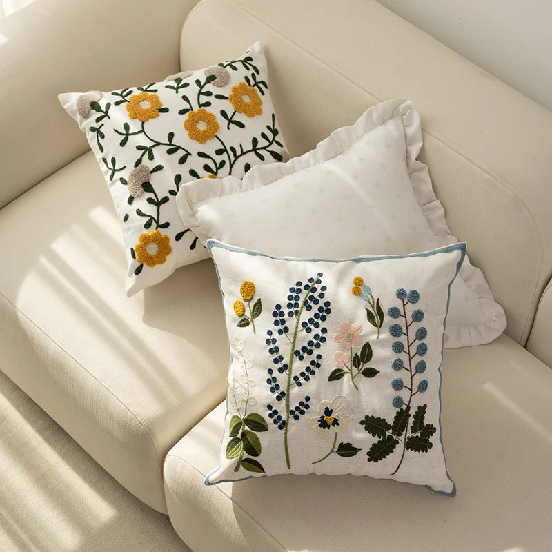 Square Cushion Cover Hand-Tufted Floral Chenille Hidden Zip