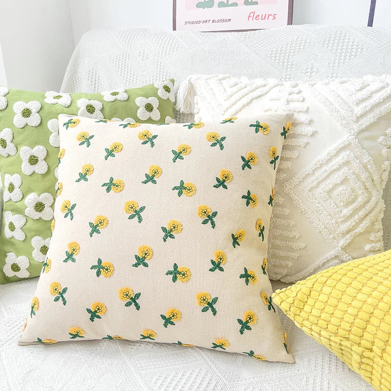 Square Cushion Cover Hand-Tufted Floral Cotton-Linen