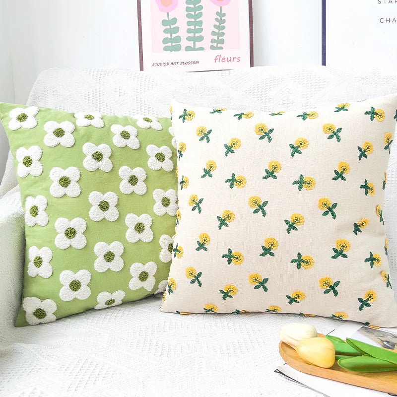 Square Cushion Cover Hand-Tufted Floral Cotton-Linen