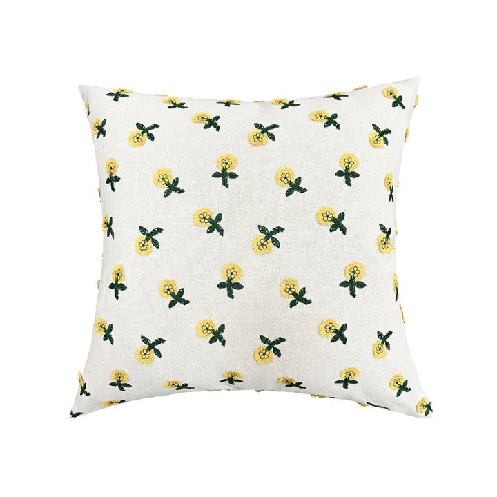 Square Cushion Cover Hand-Tufted Floral Cotton-Linen