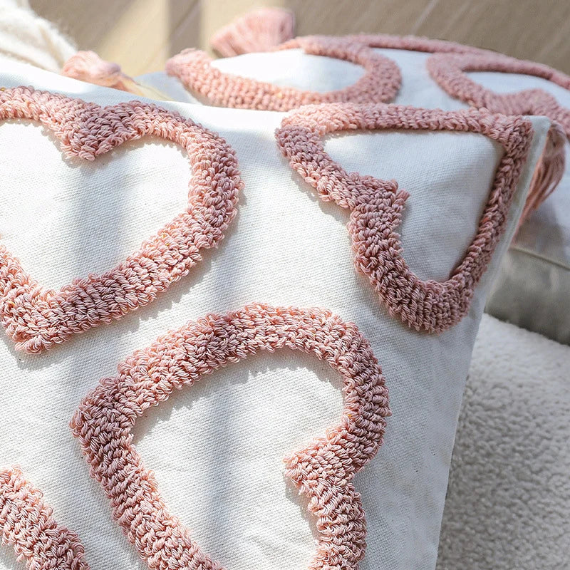 Square Cushion Cover Hand-Tufted Hearts Cotton Blend & Tassels