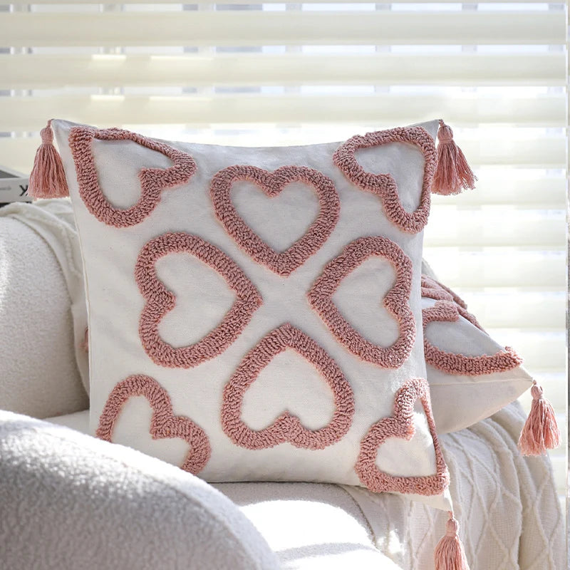 Square Cushion Cover Hand-Tufted Hearts Cotton Blend & Tassels