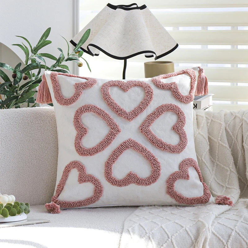 Square Cushion Cover Hand-Tufted Hearts Cotton Blend & Tassels