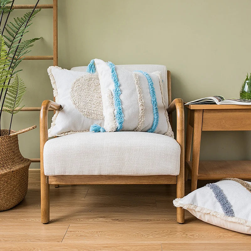 Square Cushion Cover Hand-Tufted Stripes Fringed Edge Cotton Blend