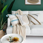 Square Cushion Cover Hand-Tufted Stripes Fringed Edge Cotton Blend