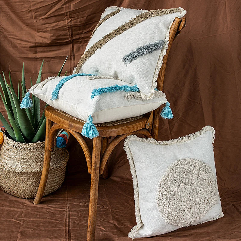 Square Cushion Cover Hand-Tufted Stripes Fringed Edge Cotton Blend
