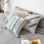 Square Cushion Cover Hand-Tufted Stripes Fringed Edge Cotton Blend