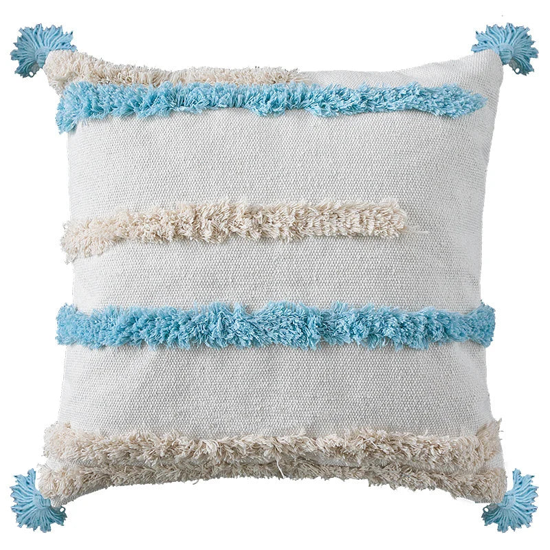 Square Cushion Cover Hand-Tufted Stripes Fringed Edge Cotton Blend