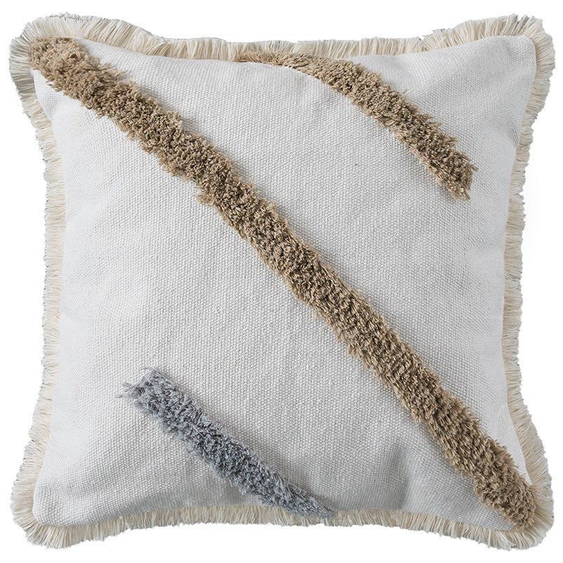 Square Cushion Cover Hand-Tufted Stripes Fringed Edge Cotton Blend