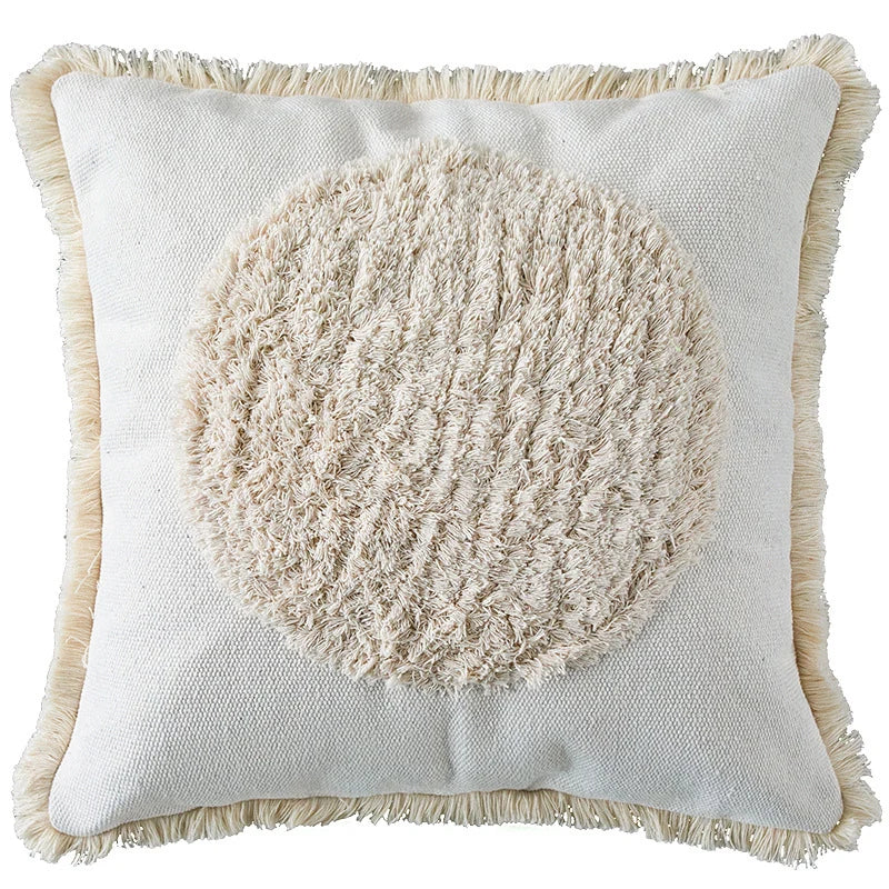 Square Cushion Cover Hand-Tufted Stripes Fringed Edge Cotton Blend