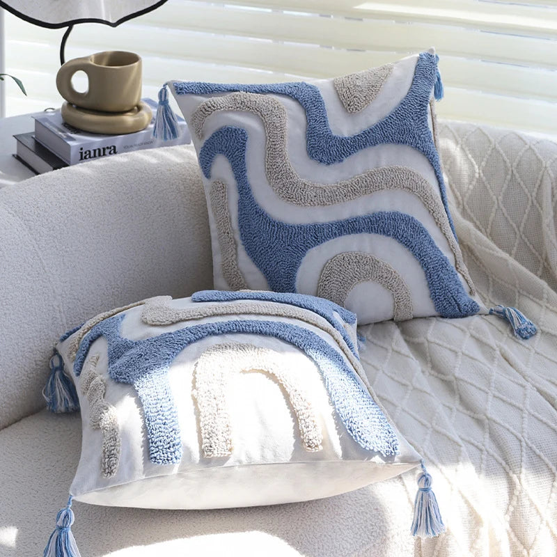 Square Cushion Cover Hand-Tufted Wave Cotton-Linen Tassels