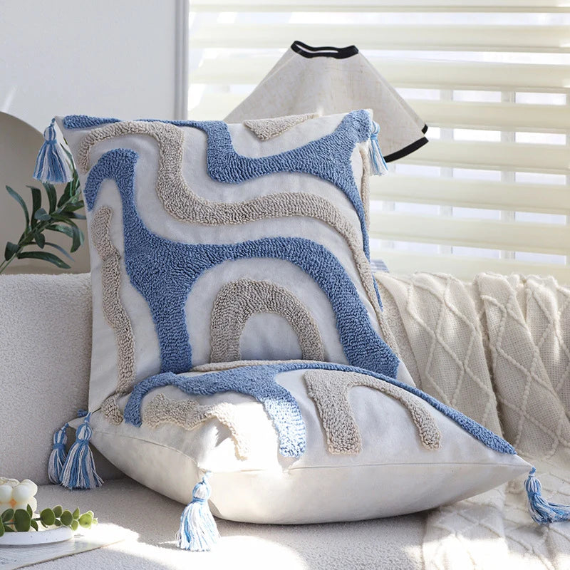 Square Cushion Cover Hand-Tufted Wave Cotton-Linen Tassels