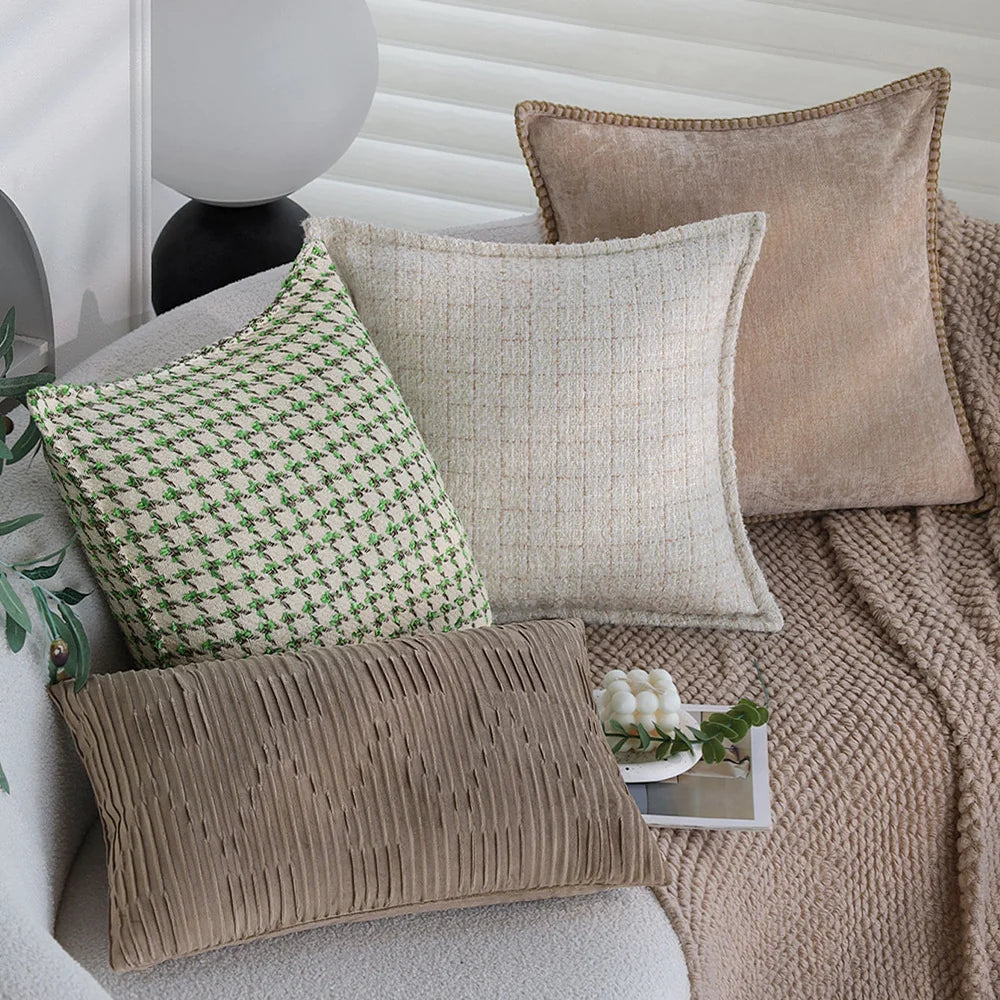 Square Cushion Cover Houndstooth Jacquard Cotton-Linen Concealed Zipper