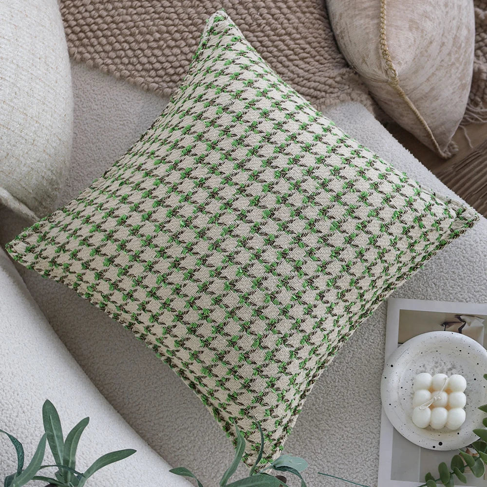 Square Cushion Cover Houndstooth Jacquard Cotton-Linen Concealed Zipper