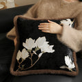Square Cushion Cover Magnolia Embroidery & Faux Fur Trim