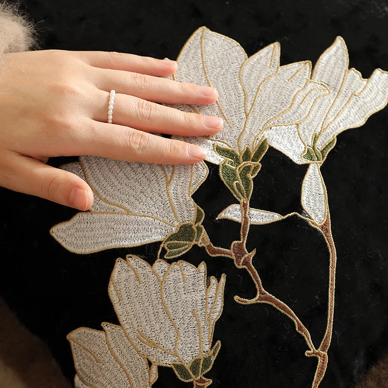 Square Cushion Cover Magnolia Embroidery & Faux Fur Trim