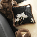 Square Cushion Cover Magnolia Embroidery & Faux Fur Trim
