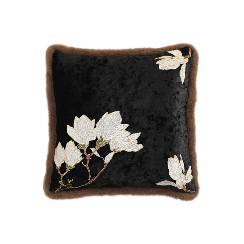 Square Cushion Cover Magnolia Embroidery & Faux Fur Trim