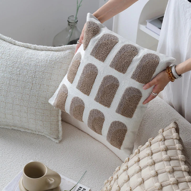 Square Cushion Cover Raised Knot Grid Cotton-Linen