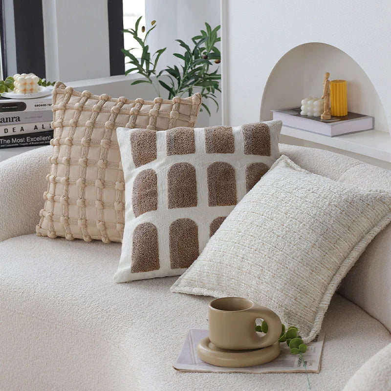 Square Cushion Cover Raised Knot Grid Cotton-Linen