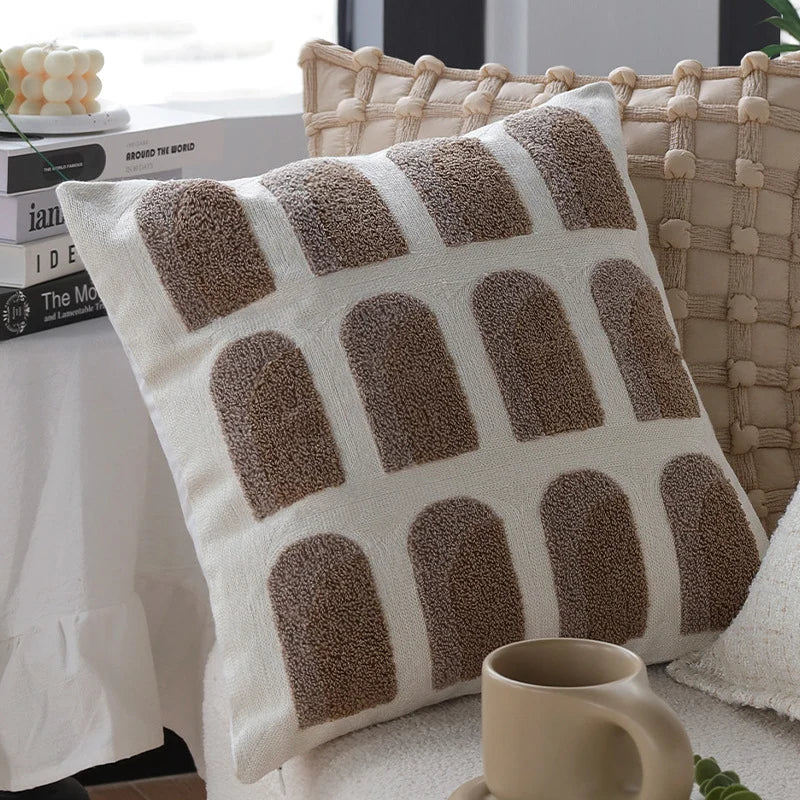 Square Cushion Cover Raised Knot Grid Cotton-Linen