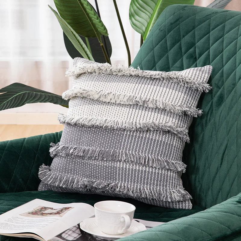 Square Cushion Cover Striped Tufted Fringe Cotton Blend