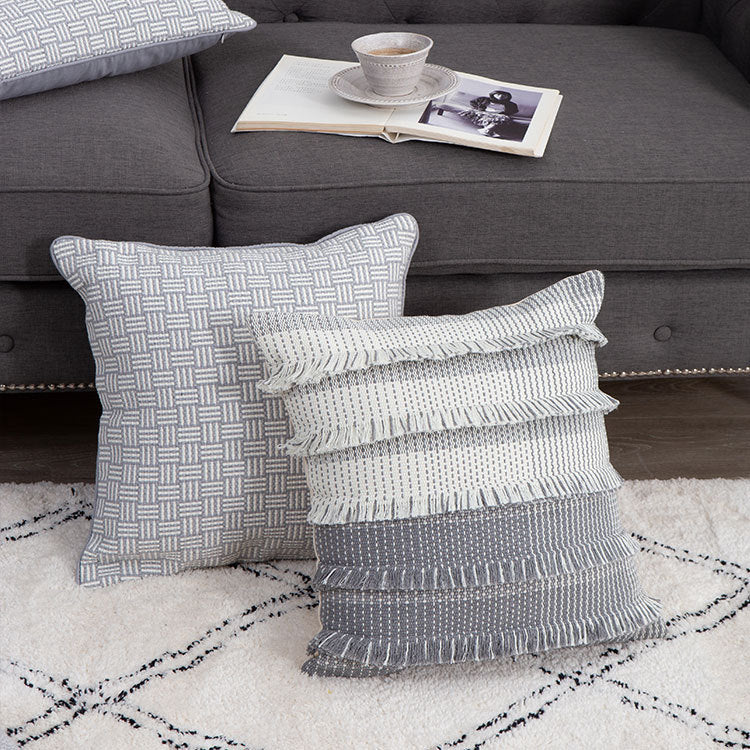 Square Cushion Cover Striped Tufted Fringe Cotton Blend