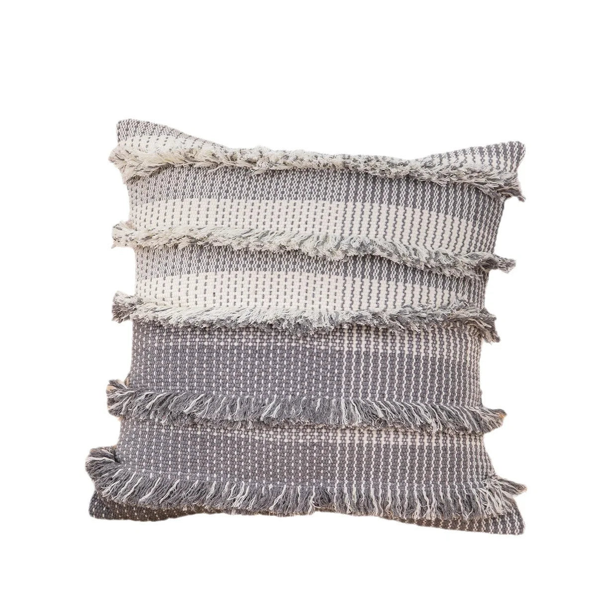 Square Cushion Cover Striped Tufted Fringe Cotton Blend