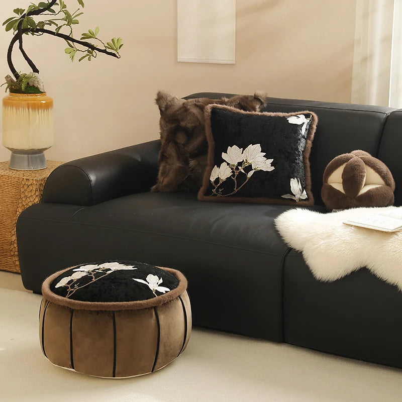 Square Cushion Cover Velvet Embroidered Magnolia Faux Fur 45x45