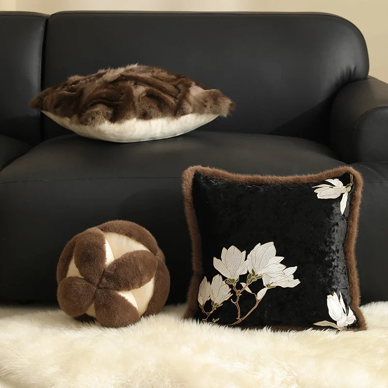 Square Cushion Cover Velvet Embroidered Magnolia Faux Fur 45x45