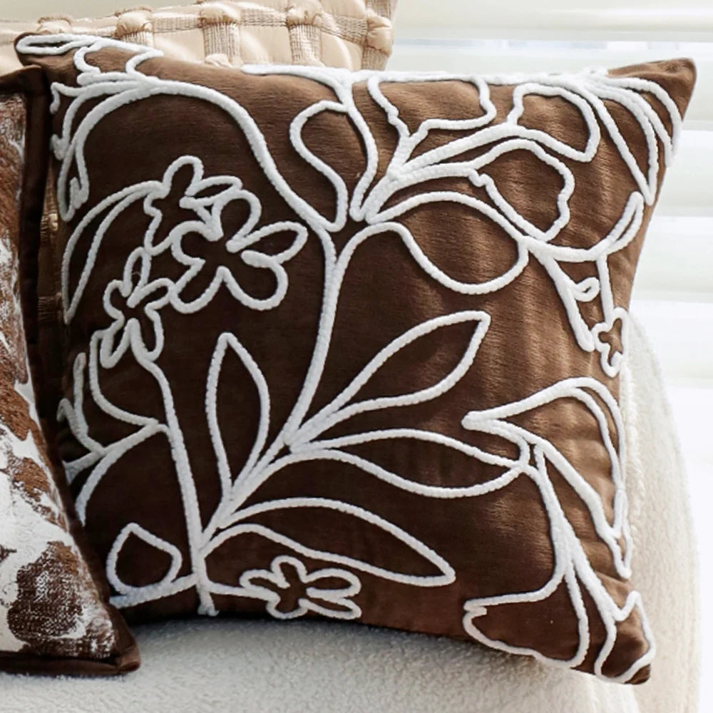 Square Cushion Cover Velvet-Like Raised Chenille Flower Concealed Zipper