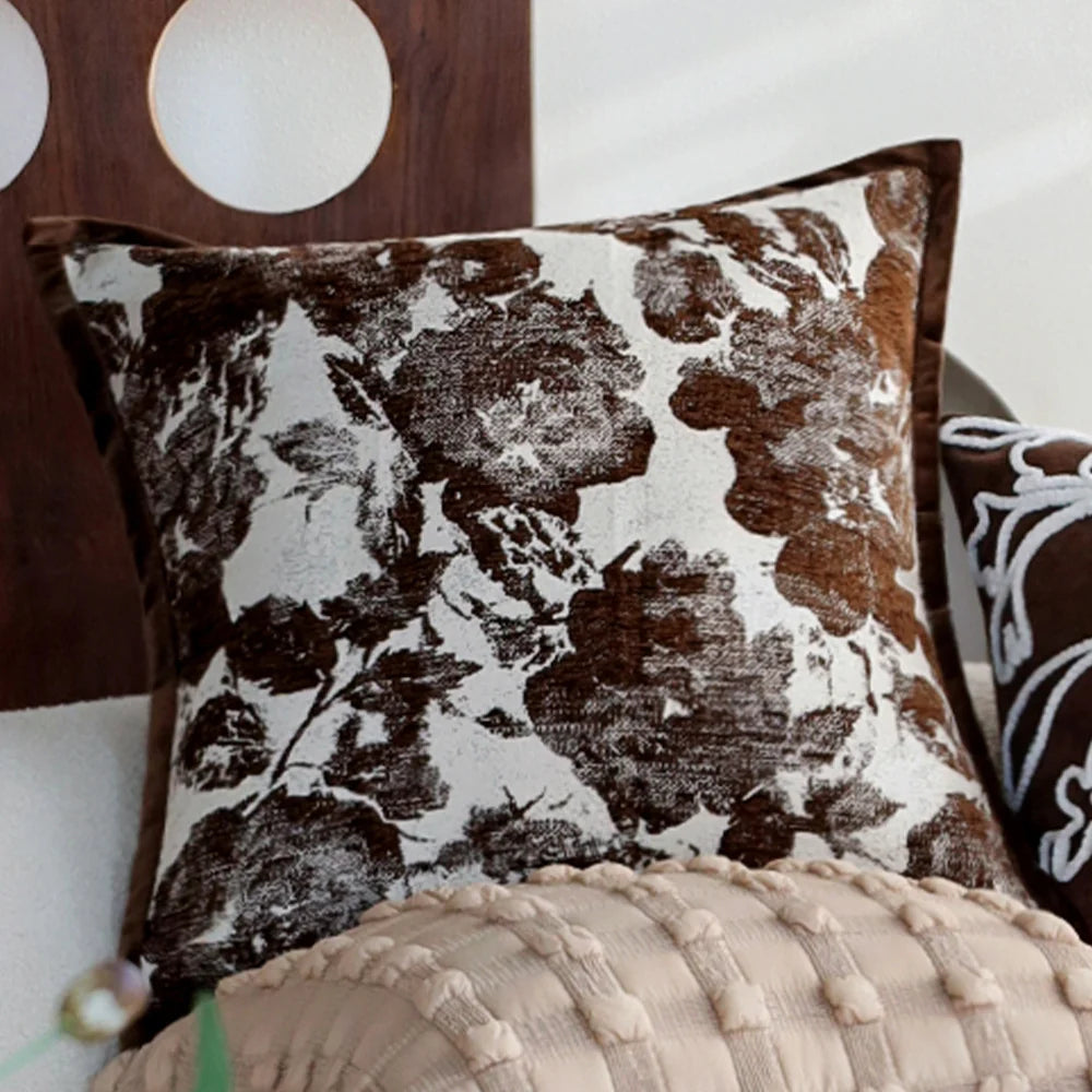Square Cushion Cover Velvet-Like Raised Chenille Flower Concealed Zipper