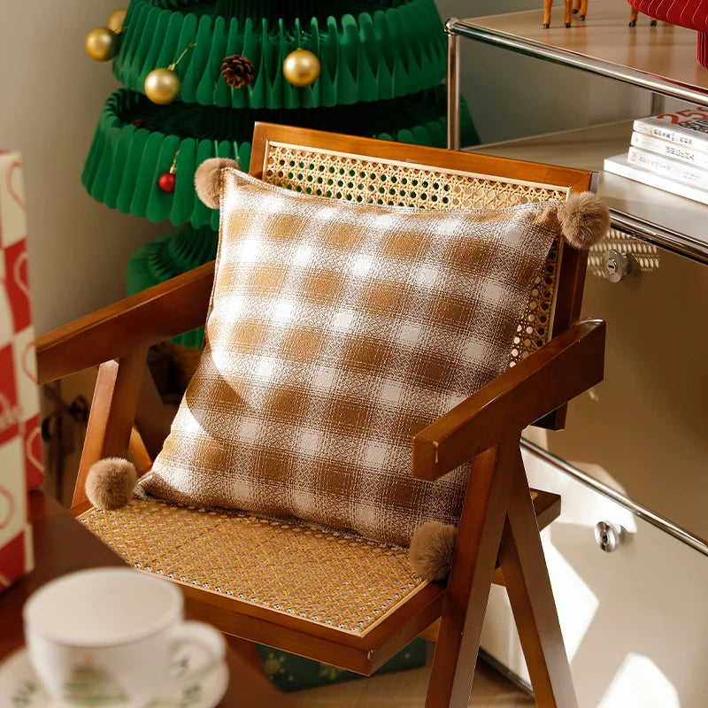 Square Cushion Cover Woven Check Pom-Pom Corners