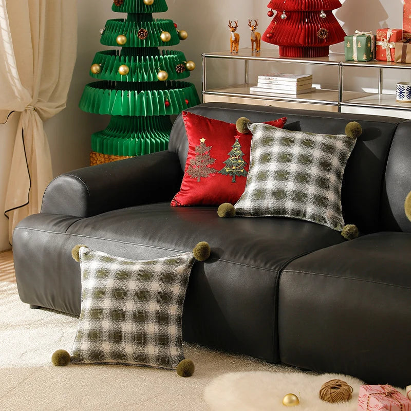 Square Cushion Cover Woven Check Pom-Pom Corners